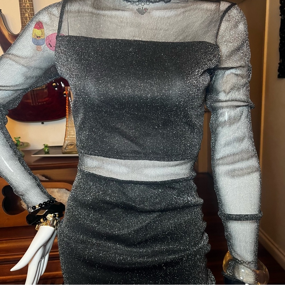💎 Black & SILVER Sparkly Mesh CutOut Glitter Sparkly LongSleeve Fitted Dress